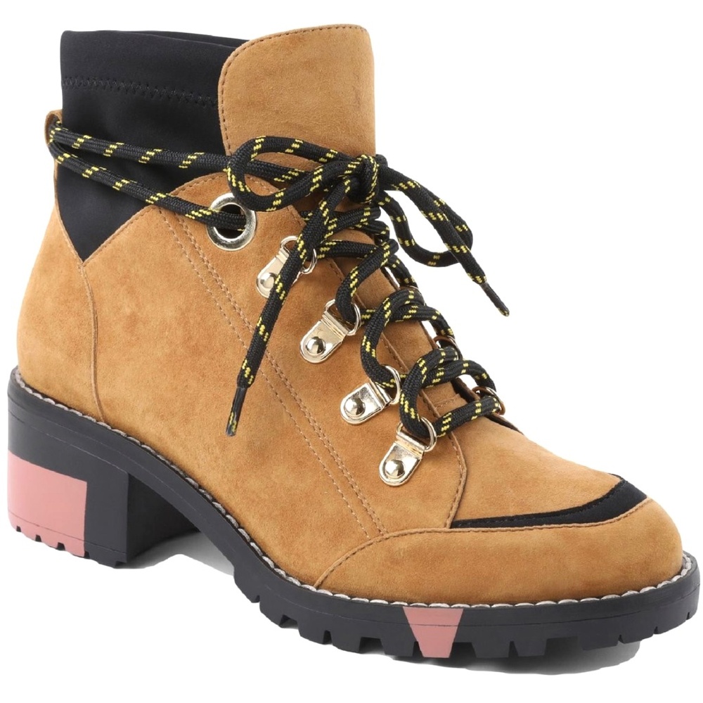 BCBGeneration Nalli Tan Suede Lace-Up Hiker Booties Brown Black Leather Boots 7 - Picture 2 of 12